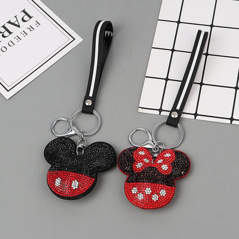 Handmade Rhinestones Ball Mickey Head Keychain Crystal Leather cord Keyring Women Charm Bag Car Pendant Key