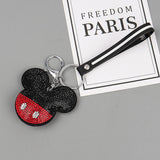 Handmade Rhinestones Ball Mickey Head Keychain Crystal Leather cord Keyring Women Charm Bag Car Pendant Key