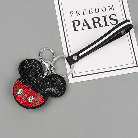Handmade Rhinestones Ball Mickey Head Keychain Crystal Leather cord Keyring Women Charm Bag Car Pendant Key